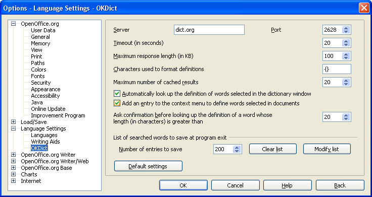 The OKDict configuration dialog